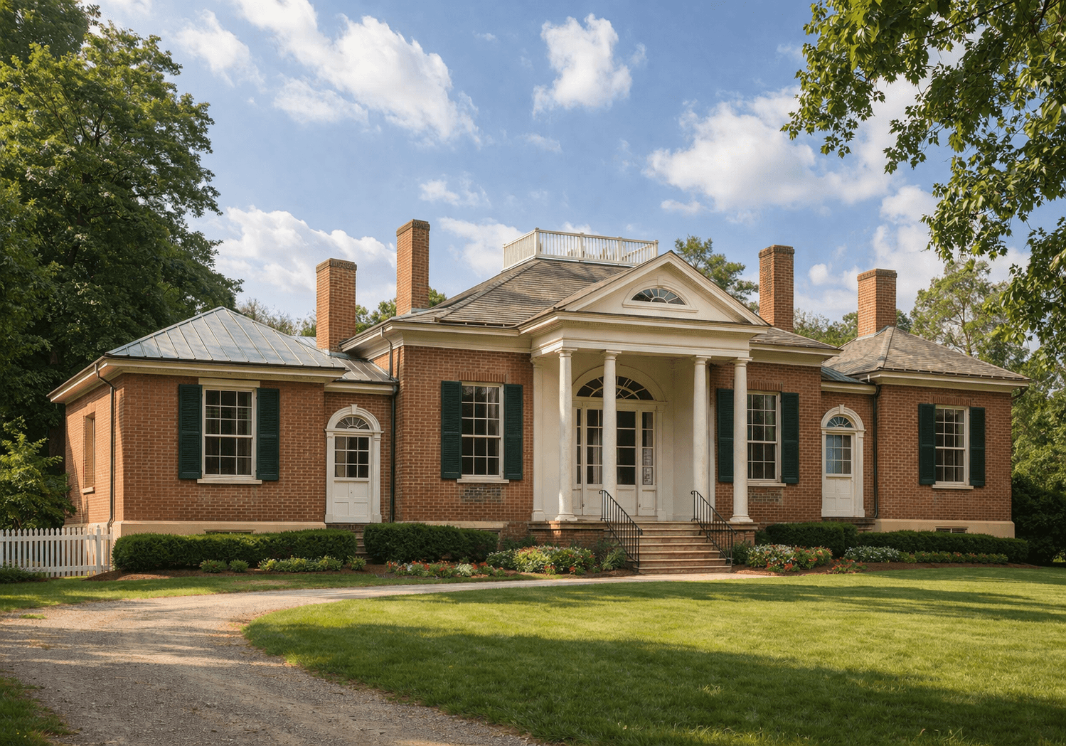 Ridgeway, a Federal-style red brick estate with white Doric columns and flanking wings, framed by mature trees