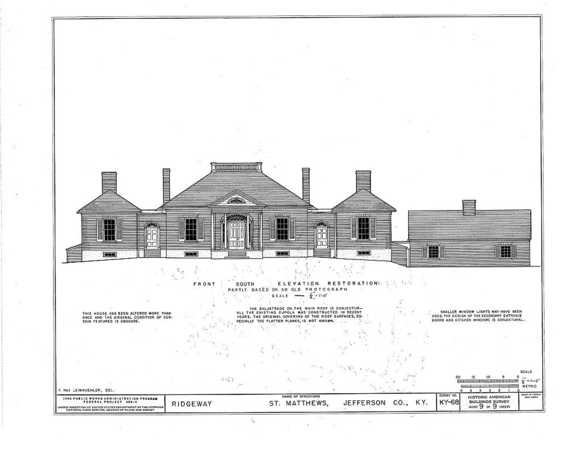 Historic front elevation drawing showing Ridgeway’s five-part composition