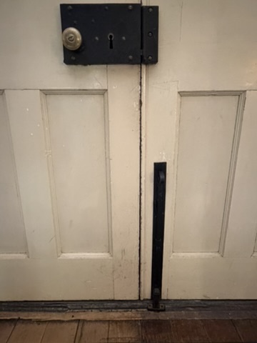 Original black box lock and door hardware at Ridgeway