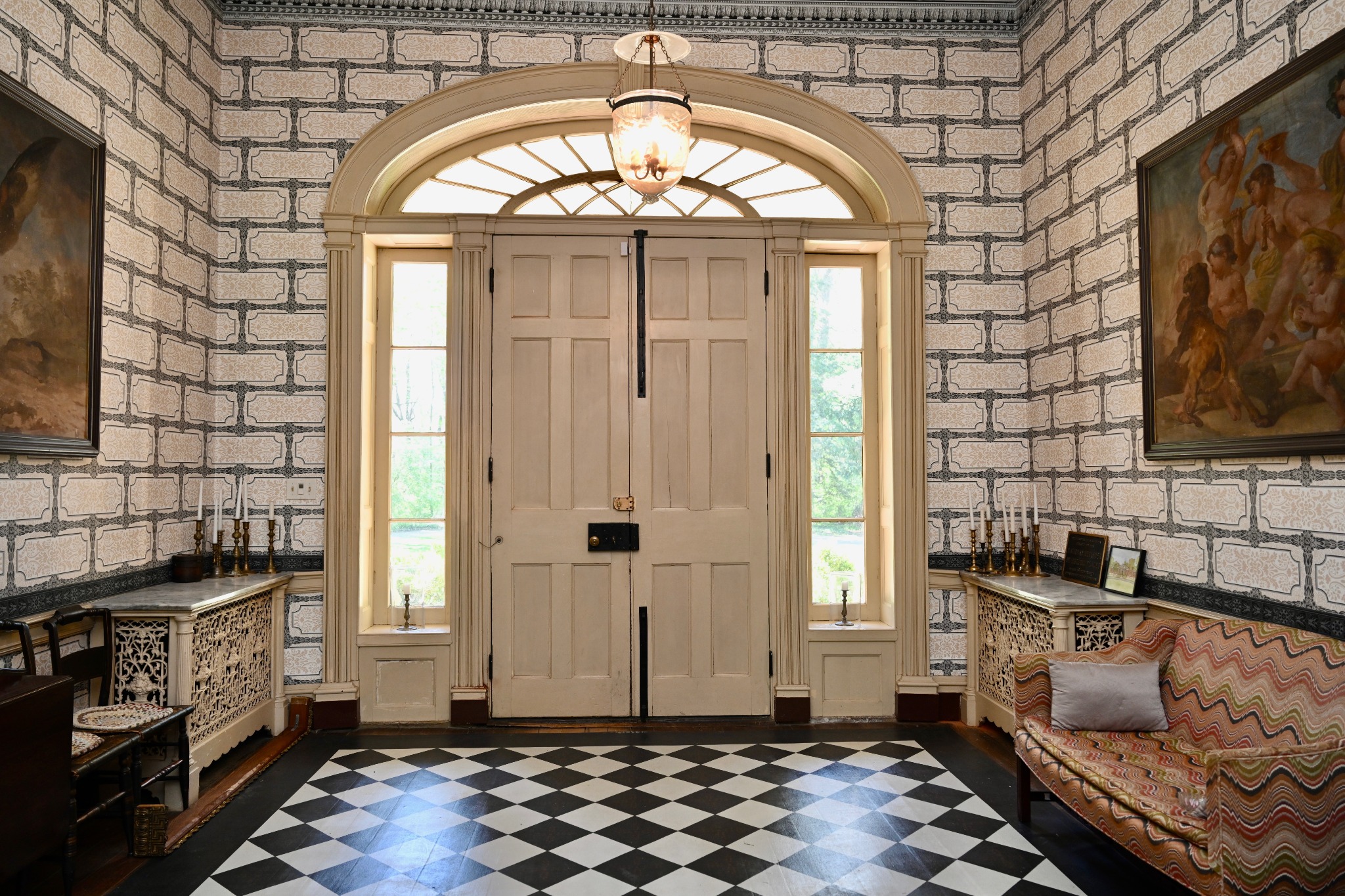 Ridgeway’s entry hall with its fanlight, original door, and patterned floor